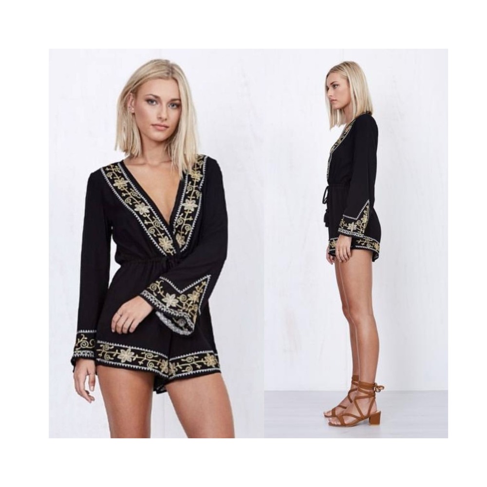 Black Gold Trim Boho Luxe Embroidered Romper S Flare Sleeve Playsuit Festival
